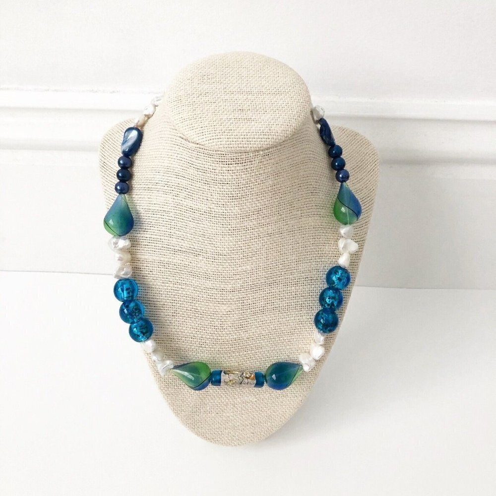NWT Genuine Pearls, Mother of Pearls, Murano Glass Beaded Necklace Blue